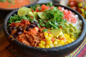 Sticker - Vibrant burrito bowl filled with beans, shredded chicken, corn, avocado, and fresh herbs