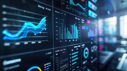 Wall Mural - Close-up of a digital marketing automation software dashboard with analytics and workflow charts