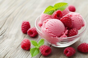 Wall Mural - Delicious pink raspberry ice cream served with fresh berries and mint on a wooden background