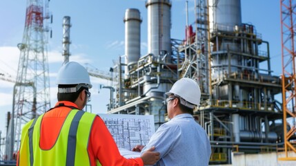 Poster - Engineers discussing a blueprint in front of a power plant, planning for efficient energy solutions and upgrades