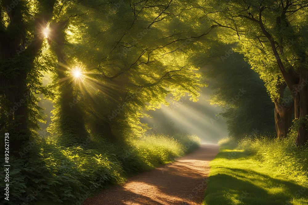 Sunlit Forest Path with Lush Greenery, A serene forest path illuminated ...