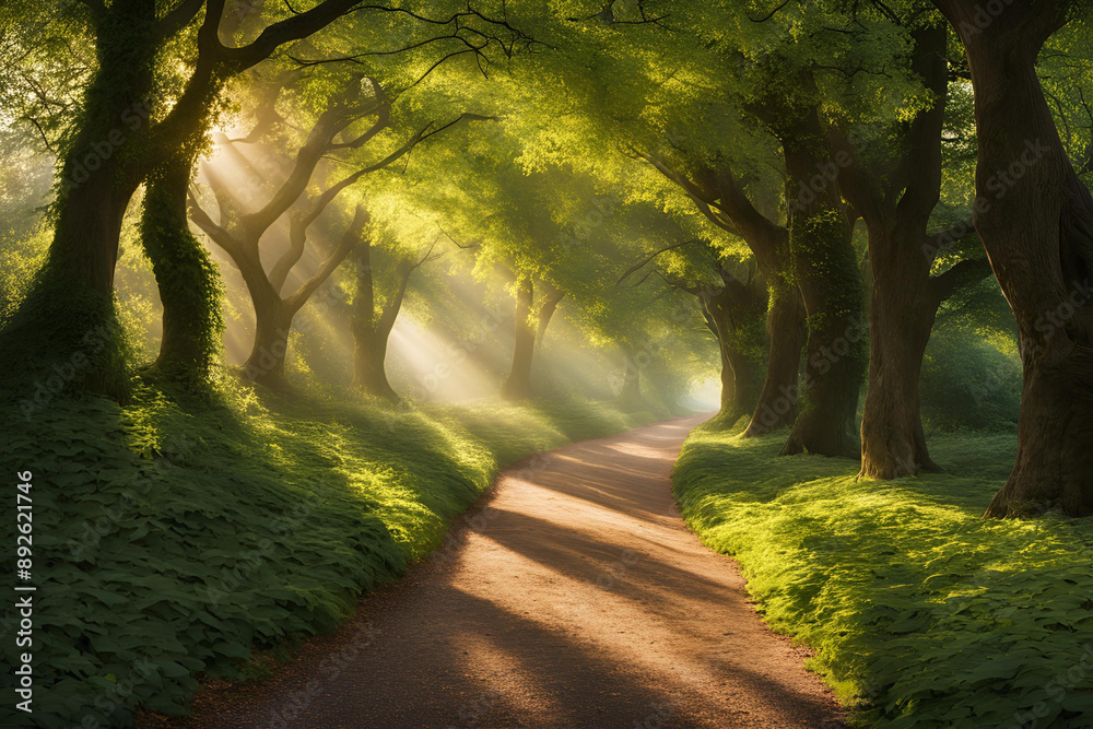 Sunlit Forest Path with Lush Greenery, A serene forest path illuminated ...