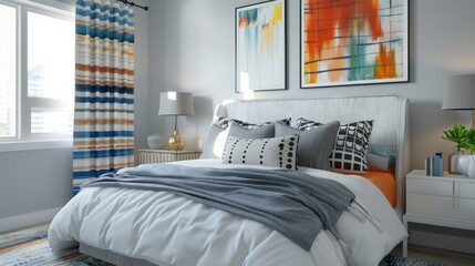 Sticker - Bright modern bedroom with a statement headboard, stylish bedding, and abstract artwork.