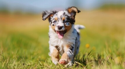 Poster - Happy Australian Shepherd puppy running through a meadow, ears flopping