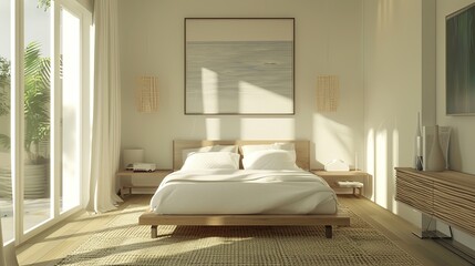 Sticker - Modern minimalist bedroom with clean lines, neutral colors, and minimal decor.