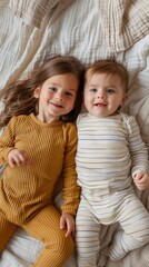 Wall Mural - Two children are laying on a bed, one wearing a yellow shirt