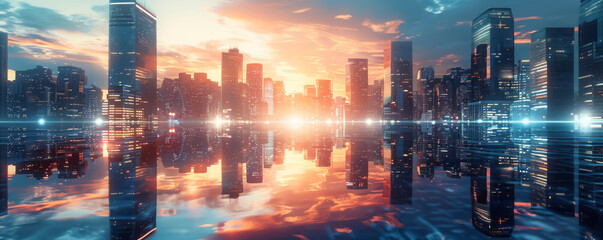 Poster - Stunning sunset reflection of a modern city's skyscrapers in the water, capturing the essence of a bustling business district