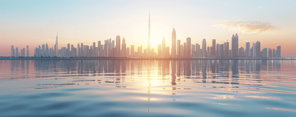 Poster - Sunset over a modern city with skyscrapers and clear sky, their reflections on the water highlighting the financial district