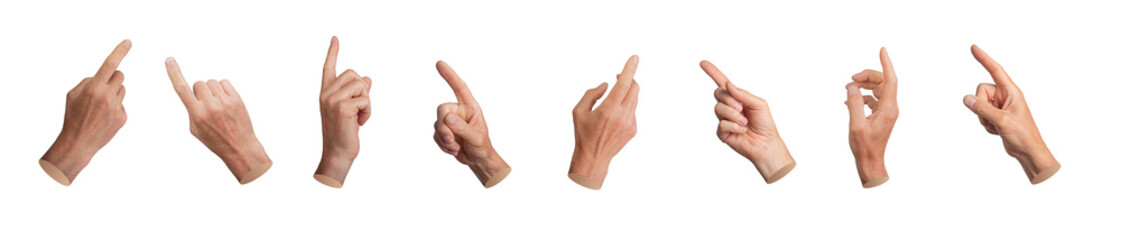 Wall Mural - Index finger, pointer indicating, pointing to different sides, angles. Hand touching, reaching out, isolated on white background, set.