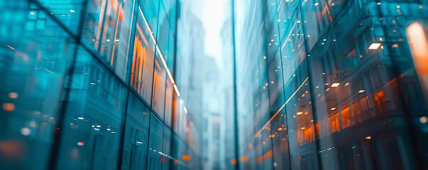 Poster - Abstract cityscape background with glass building and skyscrapers in the blurry backdrop. A panoramic view of office interior design overlooking modern buildings. Minimalist architecture