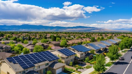 Wall Mural - Aerial view of a suburban neighborhood with photovoltaic houses surrounded by greenery.