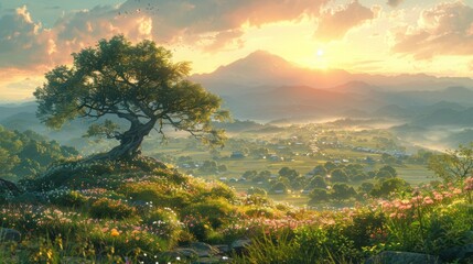 Wall Mural - Sunrise Over Mountain Village