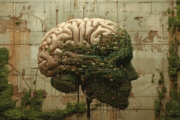 Poster - Artistic blend of a human brain and circuit board on a weathered metal backdrop