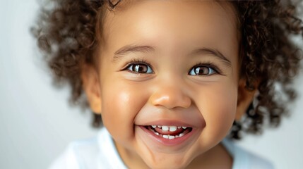 Close-up studio portrait of a child with a joyful expression.