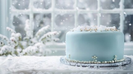 minimalist cake with an icy blue glaze, adorned with white sugar crystals, set against a backdrop of frosty winter windowpanes