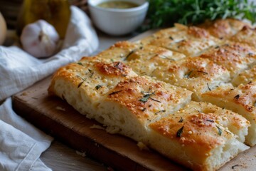 Sticker - Close-up of homemade focaccia garnished with rosemary and sea salt, ready to serve