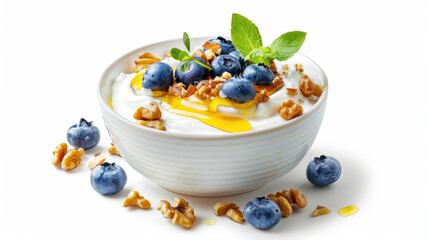 Wall Mural - Bowl of creamy yogurt topped with fresh blueberries, honey drizzle, and chopped walnuts on a white background