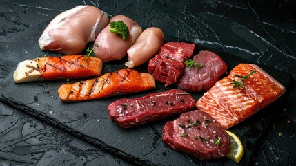 Wall Mural - Assorted raw meats like veal, beef steaks, pork, chicken fillet, and salmon steak on a black stone surface, showcasing meat variety