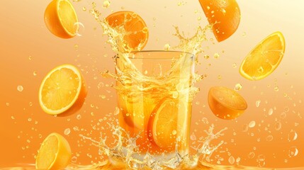 A glass of orange juice with a splash of orange juice splashing out of the glass