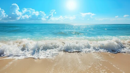 Wall Mural - Beach with waves, bright sky, and crystal clear water, ideal for vacation photo design