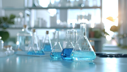 Wall Mural - Laboratory glassware with samples on table indoors. Solution chemistry