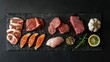 © Matcha_09 - Black stone surface featuring an assortment of raw meats including veal, beef, pork, chicken, and salmon steak, showcasing variety