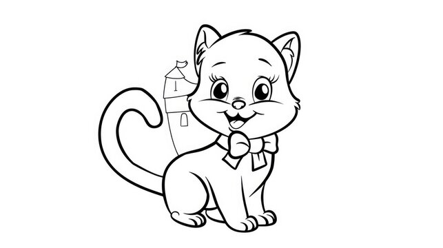 Letter C outline only, cartoon cat, castle, kingdom, coloring pages, crisp lines, white background, Generative Ai