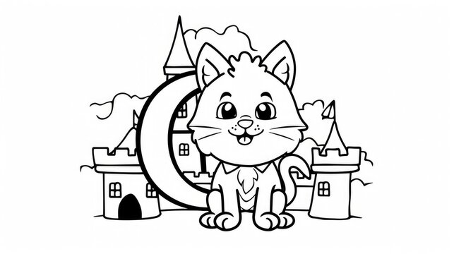 Letter C outline only, cartoon cat, castle, kingdom, coloring pages, crisp lines, white background, Generative Ai