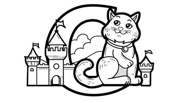 Letter C outline only, cartoon cat, castle, kingdom, coloring pages, crisp lines, white background, Generative Ai