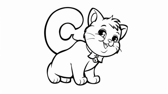Letter C outline only, cartoon cat, castle, kingdom, coloring pages, crisp lines, white background, Generative Ai