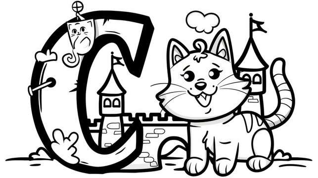 Letter C outline only, cartoon cat, castle, kingdom, coloring pages, crisp lines, white background, Generative Ai