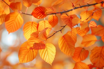 Poster - Vibrant orange autumn leaves on a blurred background, capturing the essence of fall