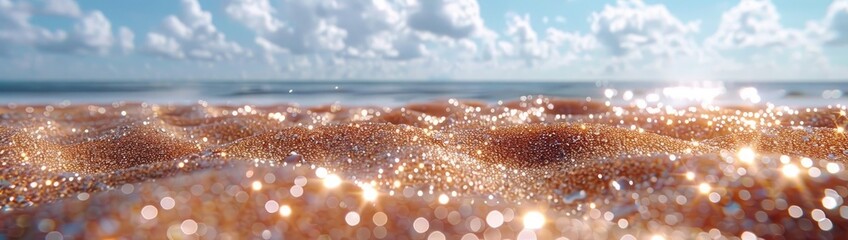 Close-up sand with blurred sea sky background, summer day, copy space, or for the product. Summer background concept.