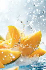 Canvas Print - A splash of water is falling on a pile of sliced mangoes