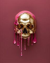 Wall Mural - a gold skull with pink dripping