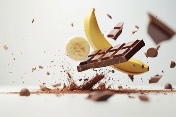 Sticker - Dynamic image of a banana and chocolate bar in mid-air with shattering pieces on an off-white background