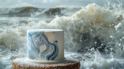 minimalist white cake with blue and grey abstract marbling, set against a backdrop of stormy sea waves