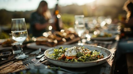 A beautifully arranged dinner setup on an outdoor table, taken during a sunny meal gathering. The table is adorned with salads and drinks, with people in the background.