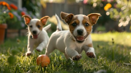 Poster - Playful Jack Russell terrier puppies chasing a ball in a backyard garden
