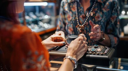 Wall Mural - Jewelry shop owner showcasing a rare gemstone necklace to a customer.