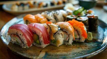 Sticker - Seafood sushi rolls with seaweed, rice, and assorted fish, arranged on a plate