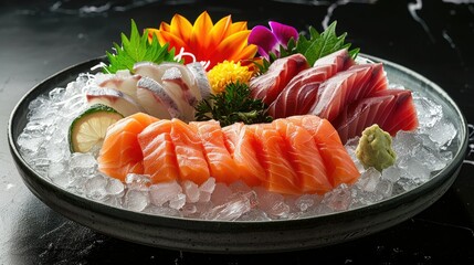 Wall Mural - Fresh sashimi platter served on ice with warm light, ideal for culinary blogs