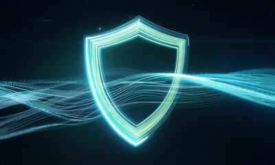 Poster - Holographic Shield icon on digital wave background. Illustrates cyber data security or information privacy. Cyber security concept.