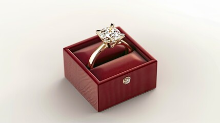 Wall Mural - Gold engagement ring with large diamond in red velvet box, isolated on white, perfect for romantic advertisements