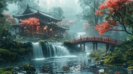 Wall Mural - animation tranquil japanese garden with traditional bridge and waterfall generated with ai