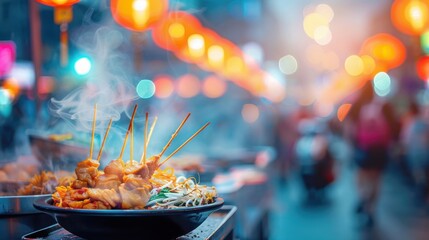 Wall Mural - A colorful and bustling street food market at night in an Asian city