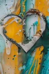 Heart painted on an abstract backgound of yellow, white and turquoise.