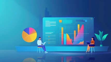 Poster - A high-quality vector image of a business meeting where a team is analyzing colorful pie and scatter plots in blue tones