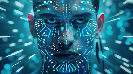 Poster - A mans face painted with tribal patterns, with a background of a digital matrix of glowing symbols