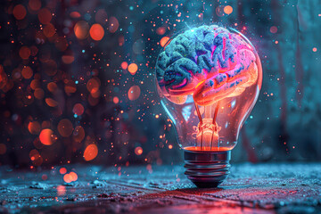 Wall Mural - Glowing light bulb with colorful liquid and brain icon, highlighting creative ideas and innovative solutions